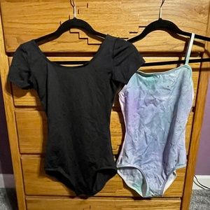 2 dance leotards in black and purple/blue water colors (Juniors M)